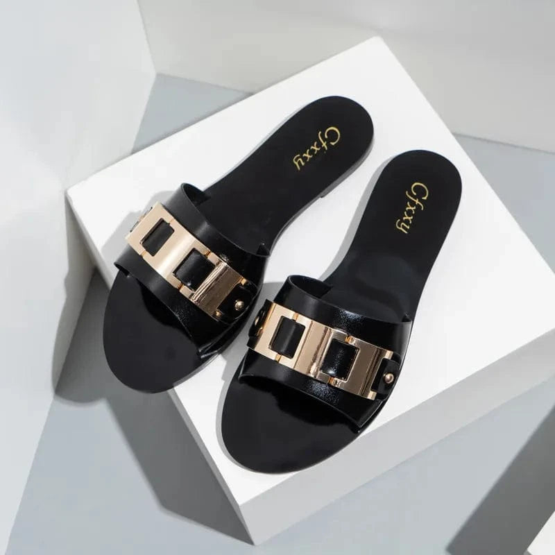 Fashion Metal Buckle Women Slippers PU Solid Mirror Casual Summer Female Flip Flops Sandals