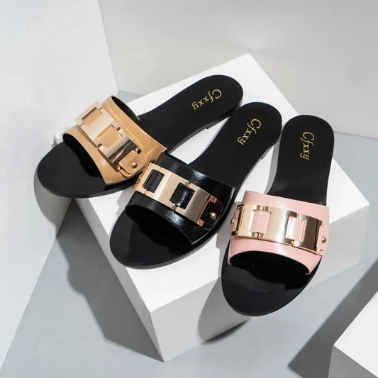Fashion Metal Buckle Women Slippers PU Solid Mirror Casual Summer Female Flip Flops Sandals
