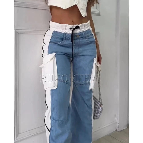 Fashion Multi-Pocket Jeans Retro Splicing Drawstring Strap Trousers Casual Streetwear Loose Trousers Women Trend New Bottoms