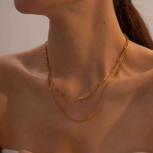 fashion / N2195 N2195 Fashion Waterproof 18K Gold Stainless Steel Jewelry Gift Double Layer Mulit  Link Chain Choker Simple Necklace for Women