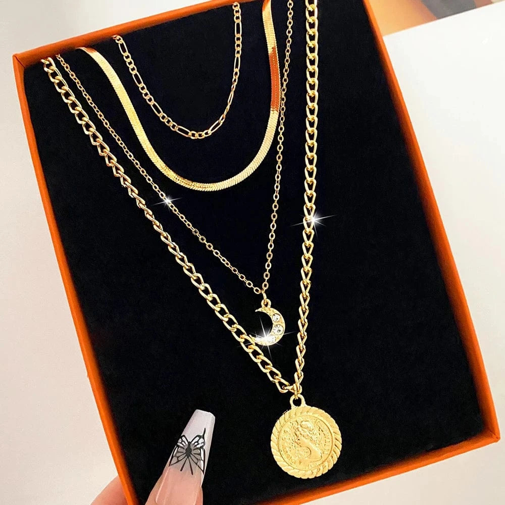 Fashion Necklace / optional / 16268 VKME Fashion  Cuban Chain Snake Bone Chain Love Pendant Necklace Set Trend Women Jewelry