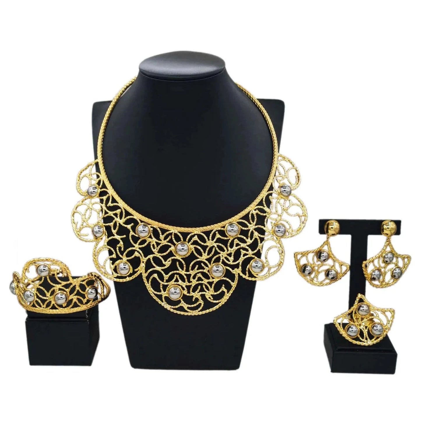 Fashion New Arrivals Brasil Gold Plated Copper Necklace Bracelet Earrings Ring Set Latest Bridal Wedding Wholesale Gift Jewelry