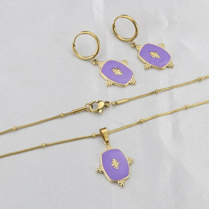 Fashion New In Custom Candy Color Stainless Steel Jewelry Set 18k Gold Plated Waterproof Pendant Necklace Earrings For Women