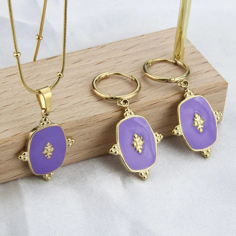 Fashion New In Custom Candy Color Stainless Steel Jewelry Set 18k Gold Plated Waterproof Pendant Necklace Earrings For Women