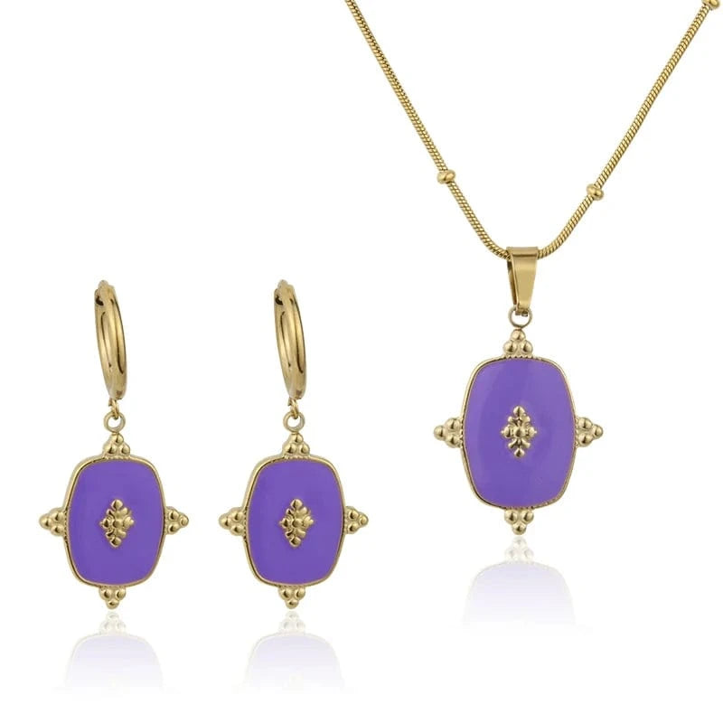 Fashion New In Custom Candy Color Stainless Steel Jewelry Set 18k Gold Plated Waterproof Pendant Necklace Earrings For Women