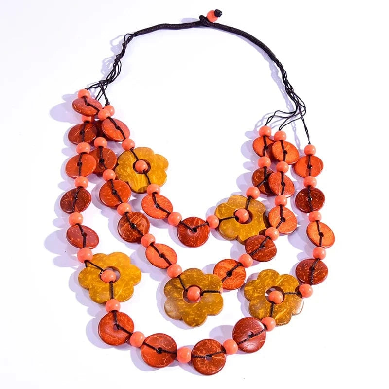 Fashion / Orange Hot Sale Flower Coconut shell Wood Beads Necklaces for Women Bohemian Ethnic Jewelry Handmade  Long Statement Necklace