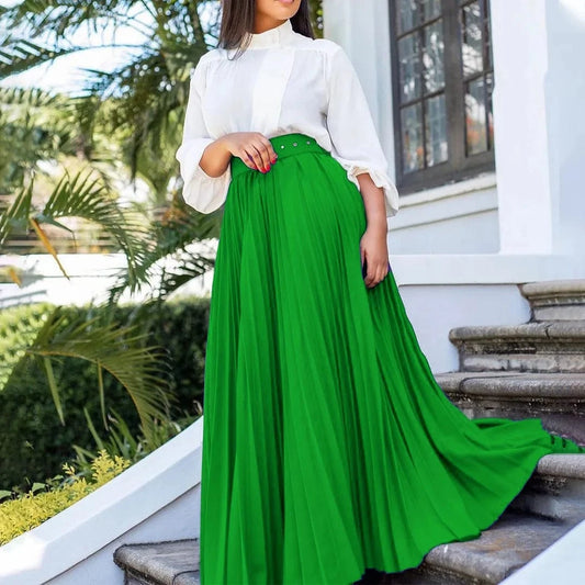 Fashion Pleated Elastic Waist Maxi Skirt Women Solid With Belt 2023