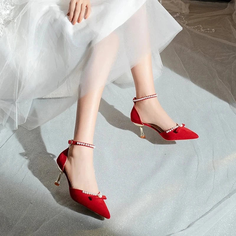 Fashion Pointed Toe Pearl Bow Bridal Red High Heels Ladies Low Heel Ankle Buckle Shoes