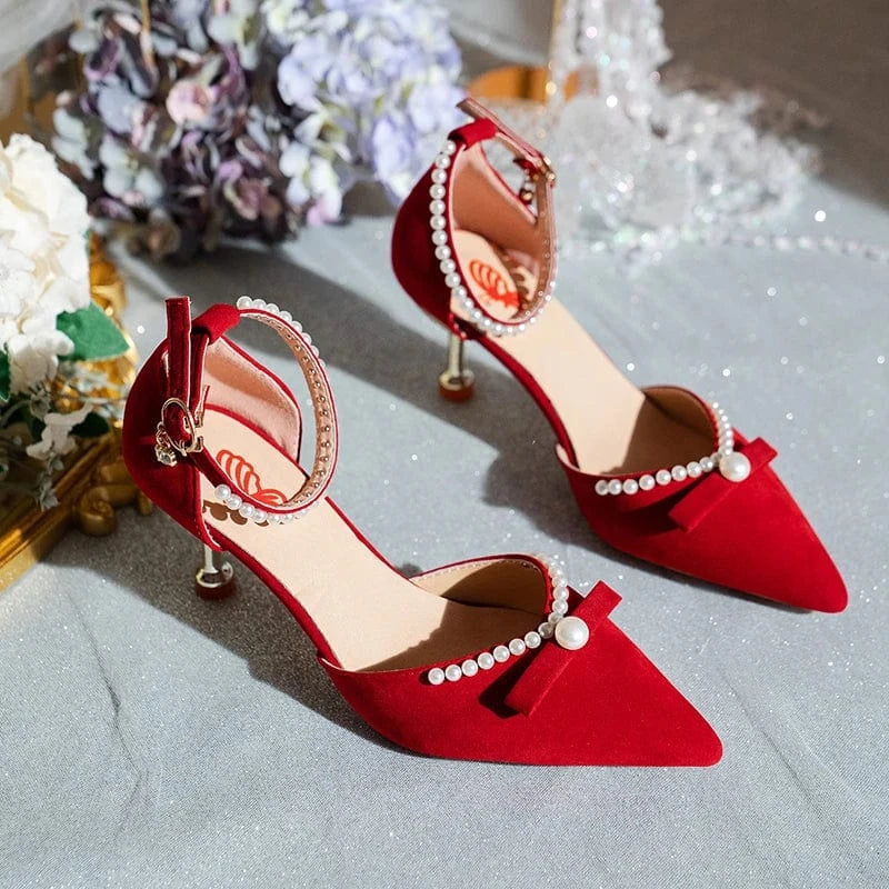 Fashion Pointed Toe Pearl Bow Bridal Red High Heels Ladies Low Heel Ankle Buckle Shoes