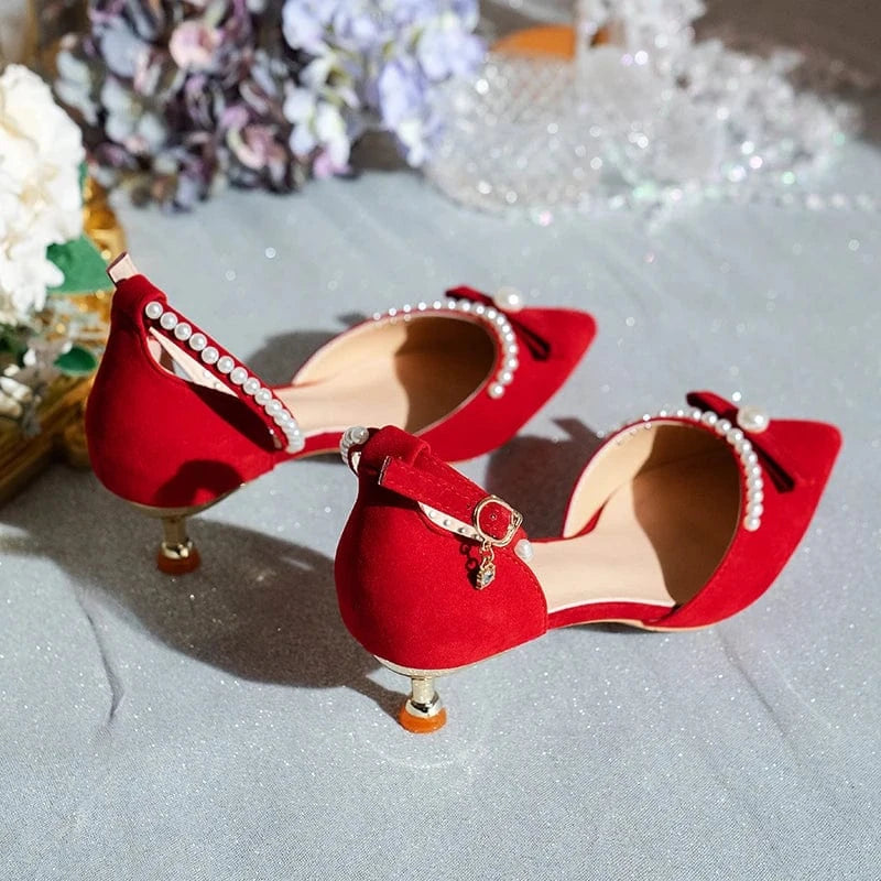 Fashion Pointed Toe Pearl Bow Bridal Red High Heels Ladies Low Heel Ankle Buckle Shoes