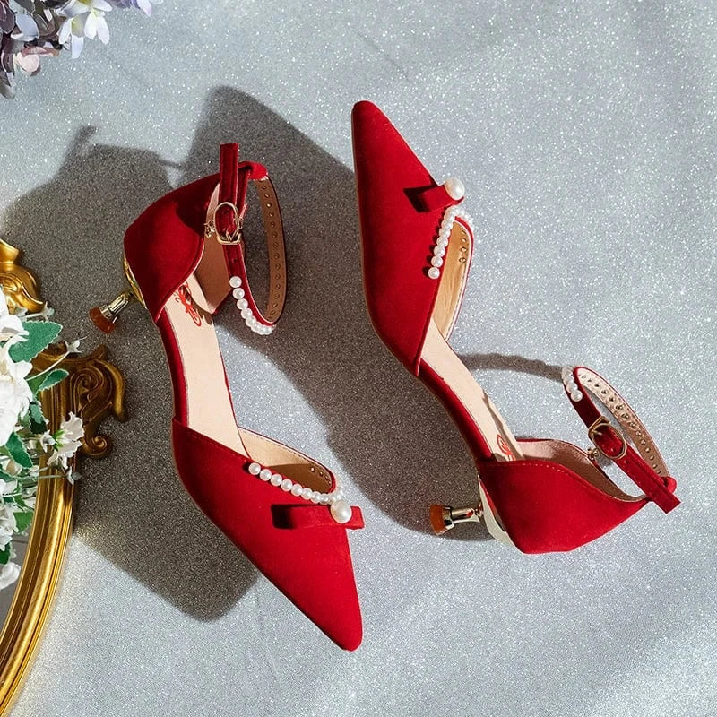 Fashion Pointed Toe Pearl Bow Bridal Red High Heels Ladies Low Heel Ankle Buckle Shoes