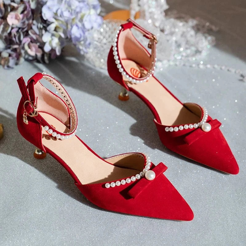 Fashion Pointed Toe Pearl Bow Bridal Red High Heels Ladies Low Heel Ankle Buckle Shoes