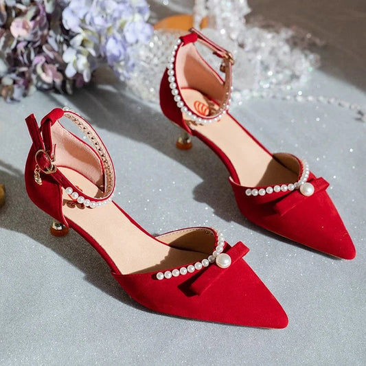 Fashion Pointed Toe Pearl Bow Bridal Red High Heels Ladies Low Heel Ankle Buckle Shoes