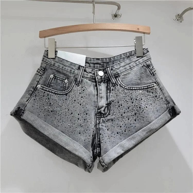 Fashion Retro Rhinestone Denim Shorts Women 2024 Summer New A- Line Wide Leg Short Pants Ultra Short Booty Shorts for Hot Girls