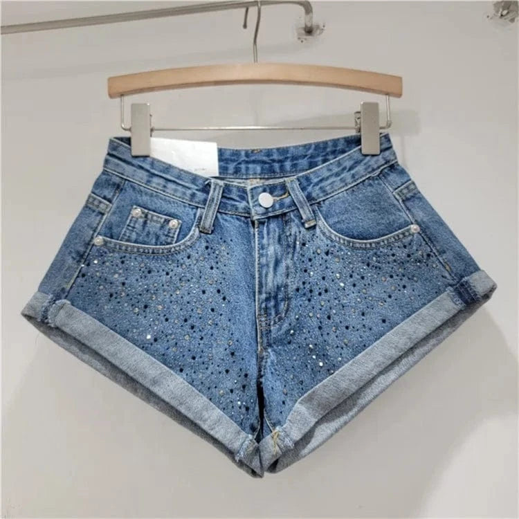 Fashion Retro Rhinestone Denim Shorts Women 2024 Summer New A- Line Wide Leg Short Pants Ultra Short Booty Shorts for Hot Girls