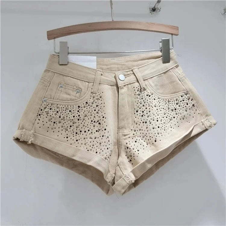 Fashion Retro Rhinestone Denim Shorts Women 2024 Summer New A- Line Wide Leg Short Pants Ultra Short Booty Shorts for Hot Girls