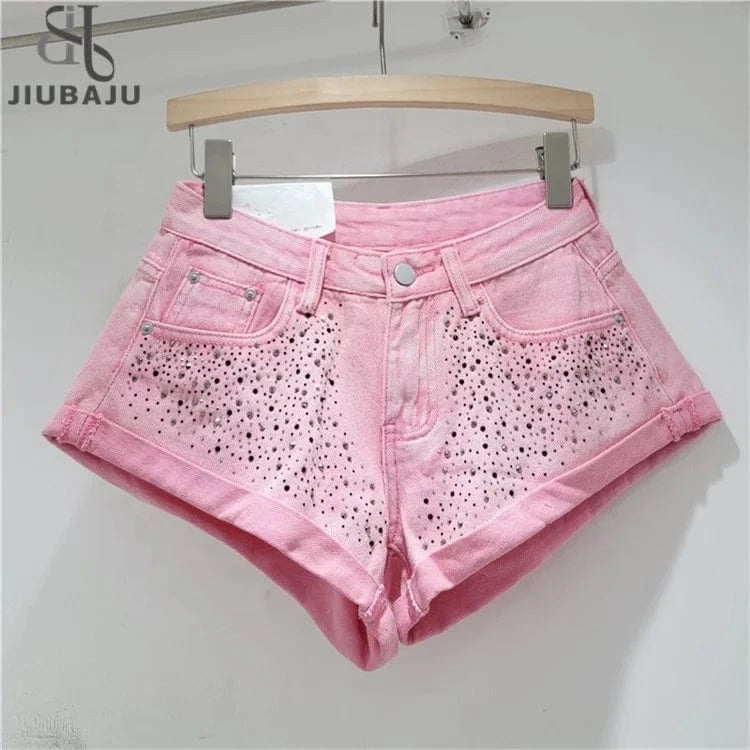 Fashion Retro Rhinestone Denim Shorts Women 2024 Summer New A- Line Wide Leg Short Pants Ultra Short Booty Shorts for Hot Girls