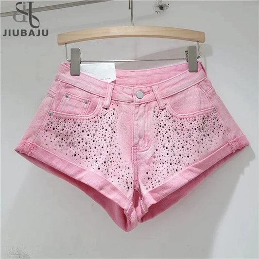 Fashion Retro Rhinestone Denim Shorts Women 2024 Summer New A- Line Wide Leg Short Pants Ultra Short Booty Shorts for Hot Girls