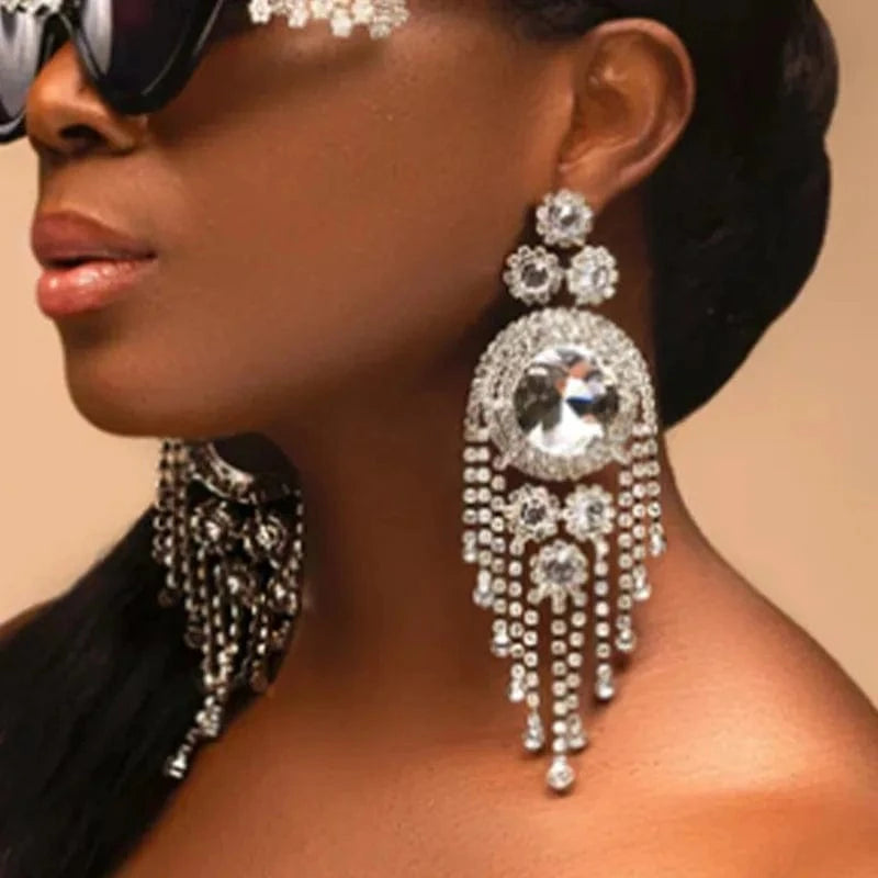 Fashion Rhinestone Long Tassel Earrings Exaggerated Round Crystal Stud Earrings 2022 Jewelry for Queen Party