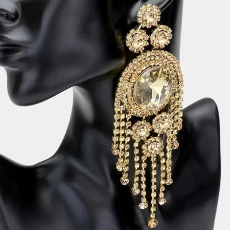 Fashion Rhinestone Long Tassel Earrings Exaggerated Round Crystal Stud Earrings 2022 Jewelry for Queen Party