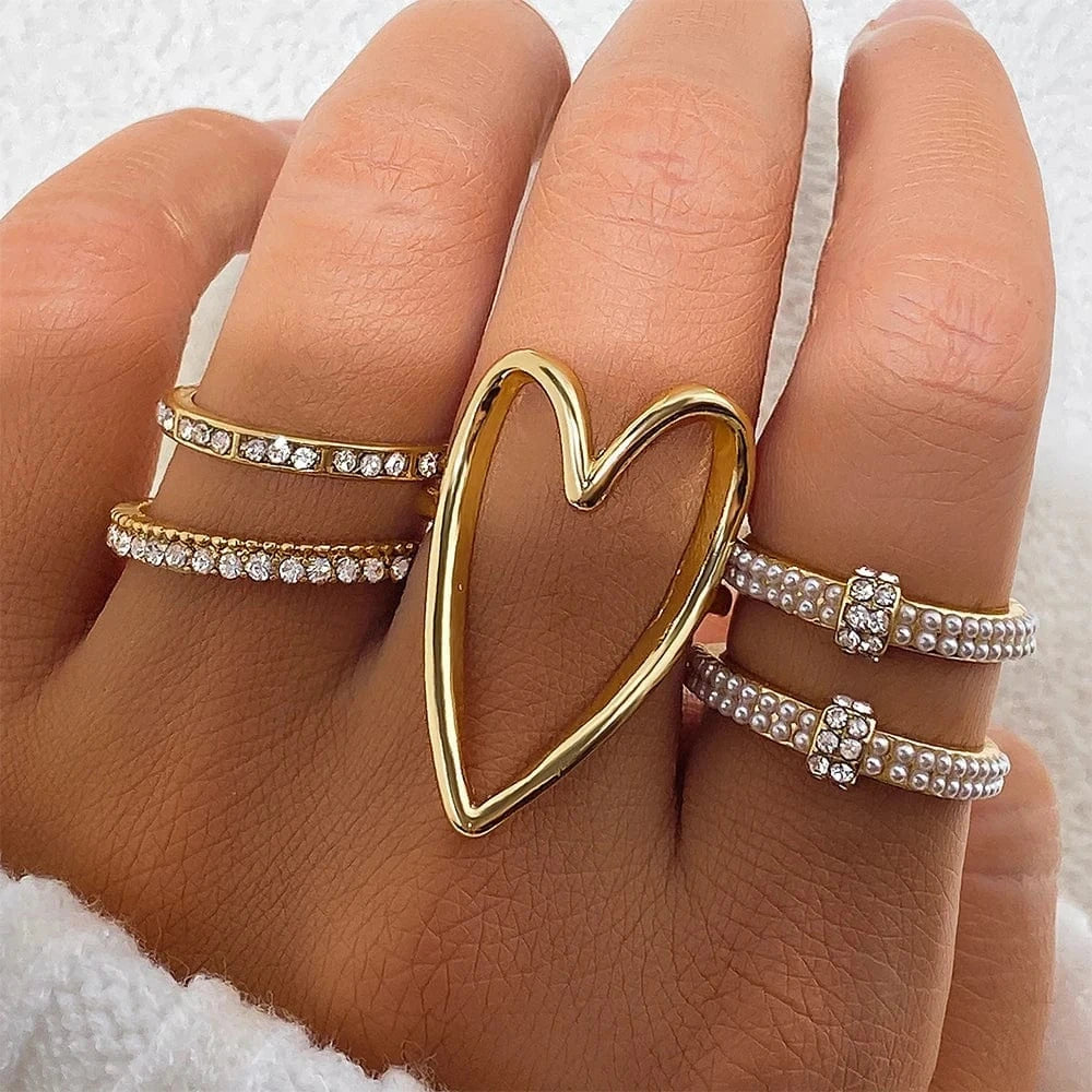 Fashion Ring set / ZLJ21225 2024 Trendy Geometric Crystal Heart Rings Set Gold Moon Butterfly Green Stone diamond Knuckle Finger Ring Women Jewelry Gift