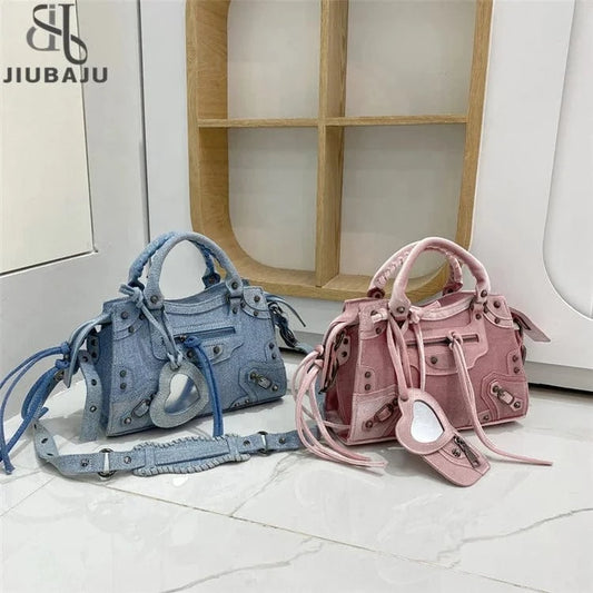 Fashion Rivet Shoulder Bag Summer New Female Luxury Handbags Vintage Velvet Denim Bag for Women
