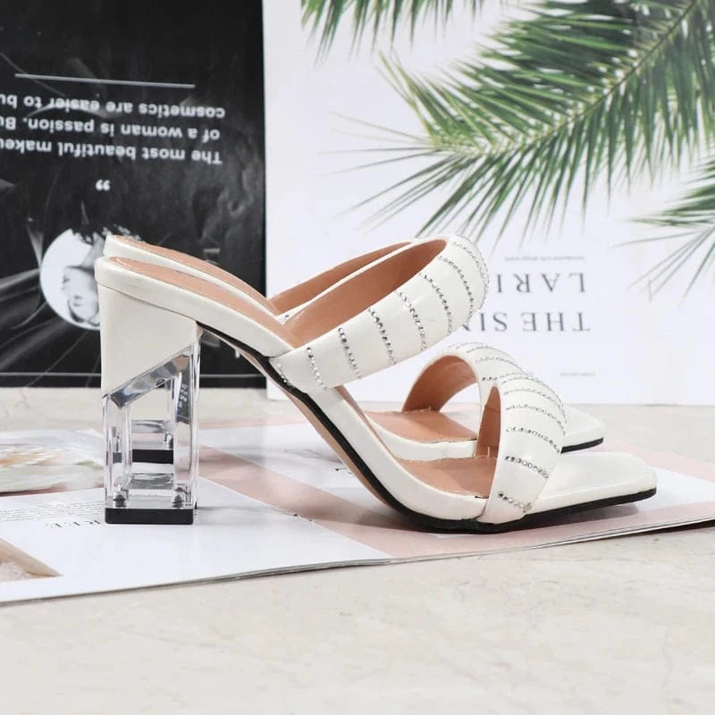 Fashion Sandals Women 2023 Summer New Comfortable Shoes Tape Hollow High-heel Sandals Slippers Crystal Thick Heels Party Sexy PU