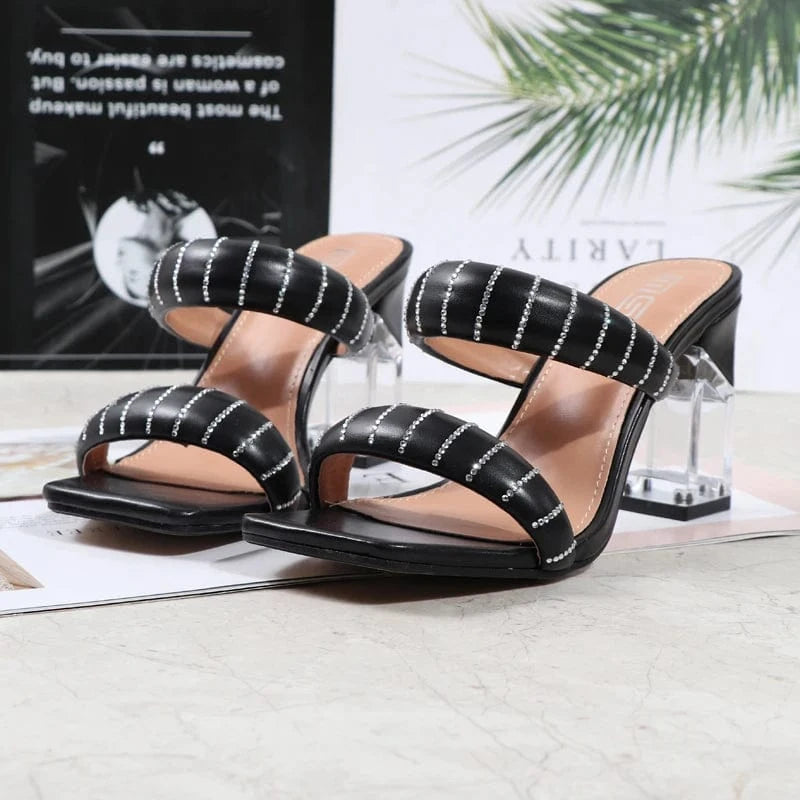 Fashion Sandals Women 2023 Summer New Comfortable Shoes Tape Hollow High-heel Sandals Slippers Crystal Thick Heels Party Sexy PU