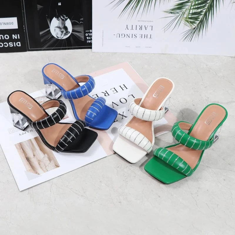 Fashion Sandals Women 2023 Summer New Comfortable Shoes Tape Hollow High-heel Sandals Slippers Crystal Thick Heels Party Sexy PU