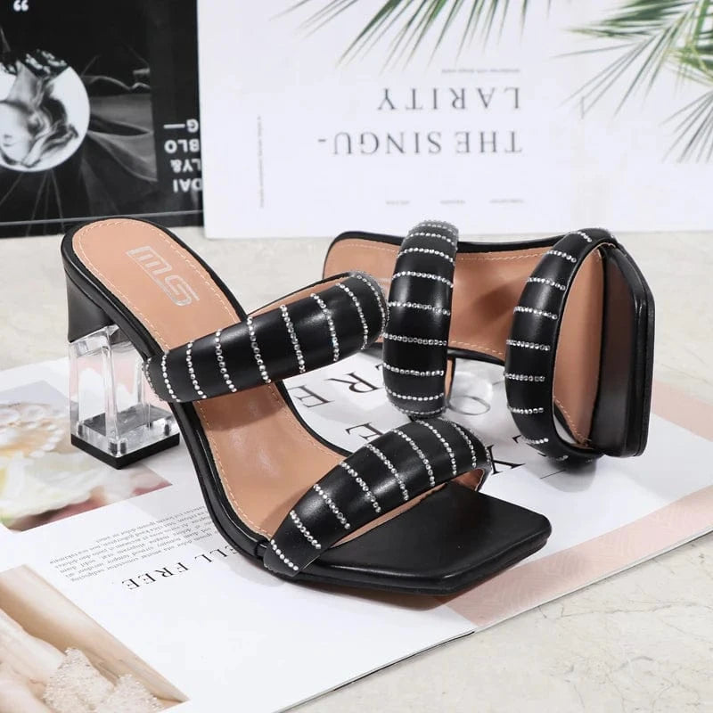 Fashion Sandals Women 2023 Summer New Comfortable Shoes Tape Hollow High-heel Sandals Slippers Crystal Thick Heels Party Sexy PU