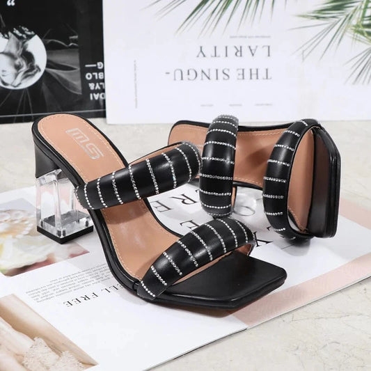 Fashion Sandals Women 2023 Summer New Comfortable Shoes Tape Hollow High-heel Sandals Slippers Crystal Thick Heels Party Sexy PU