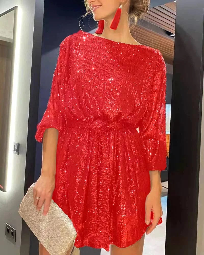 Fashion Sequin Dress Women Holiday Party Cocktail Party Beaded Dress Ladies Vintage Elegant Loose Sequined Evening Mini Dress