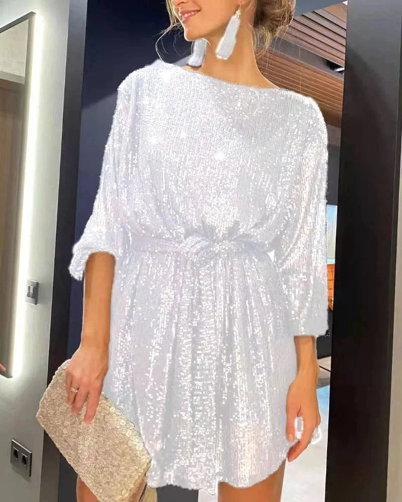 Fashion Sequin Dress Women Holiday Party Cocktail Party Beaded Dress Ladies Vintage Elegant Loose Sequined Evening Mini Dress