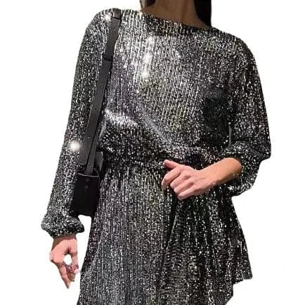 Fashion Sequin Dress Women Holiday Party Cocktail Party Beaded Dress Ladies Vintage Elegant Loose Sequined Evening Mini Dress