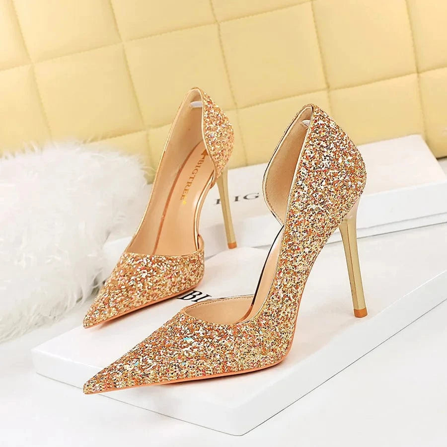 Fashion Sequin Point Toe High Heels New Female Banquet Women Shoes 2024