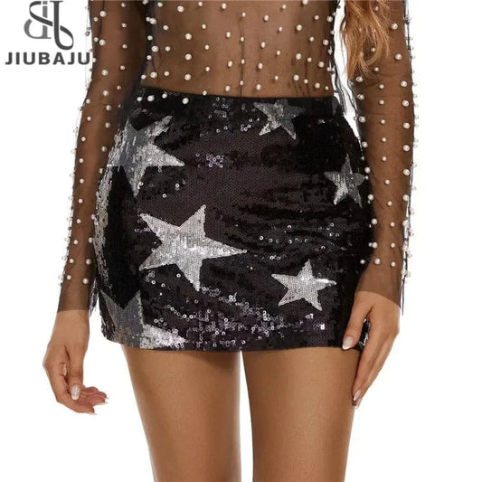 Fashion Sequins Stars Mini Skirt Women Sexy High Waist Sparkling Party Club Skirt