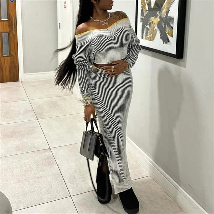 Fashion Sexy 2024 Two Piece Dress Set Women Outfit Off Shoulder Long Sleeve Tops And Long Skirt