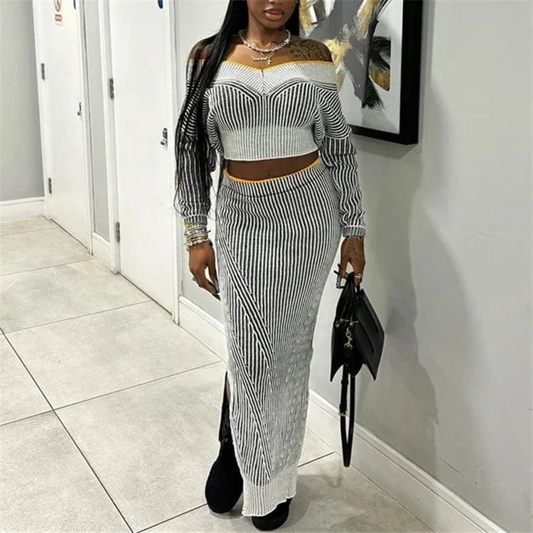 Fashion Sexy 2024 Two Piece Dress Set Women Outfit Off Shoulder Long Sleeve Tops And Long Skirt