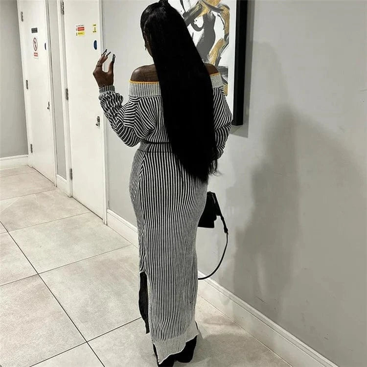 Fashion Sexy 2024 Two Piece Dress Set Women Outfit Off Shoulder Long Sleeve Tops And Long Skirt