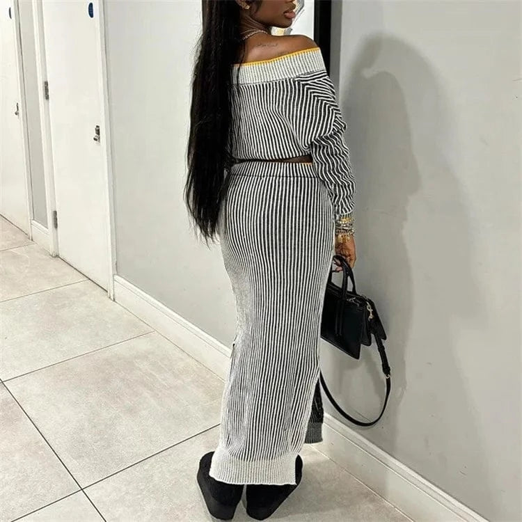 Fashion Sexy 2024 Two Piece Dress Set Women Outfit Off Shoulder Long Sleeve Tops And Long Skirt