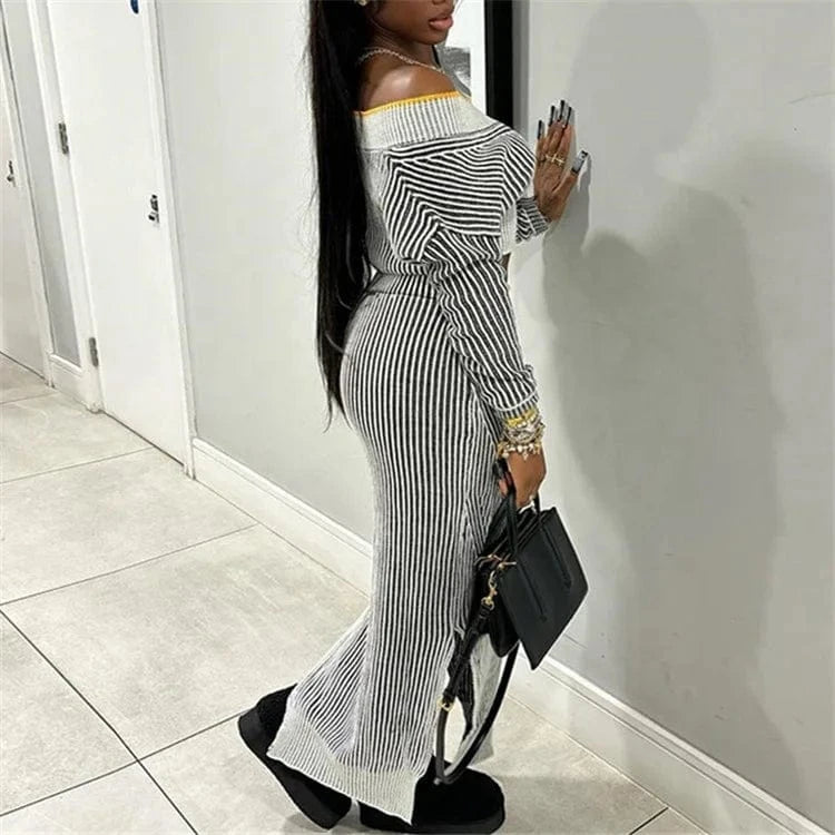 Fashion Sexy 2024 Two Piece Dress Set Women Outfit Off Shoulder Long Sleeve Tops And Long Skirt