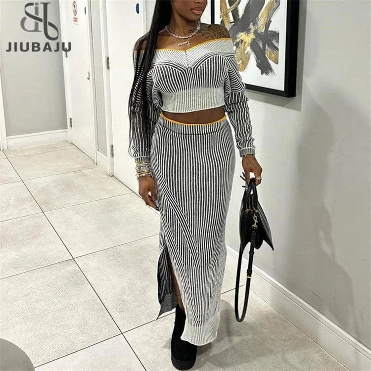 Fashion Sexy 2024 Two Piece Dress Set Women Outfit Off Shoulder Long Sleeve Tops And Long Skirt