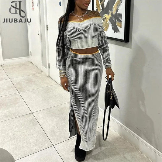 Fashion Sexy 2024 Two Piece Dress Set Women Outfit Off Shoulder Long Sleeve Tops And Long Skirt