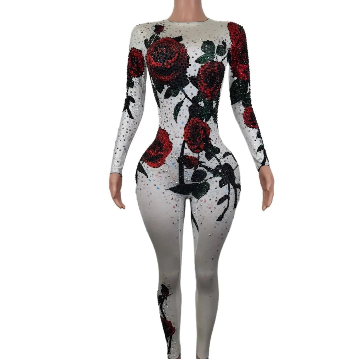 Fashion Sexy Flower Rhinestone Bodysuits Slim Fit Stage Dancer Leotard Night Club Ladies Rompers Women Party One Piece Jumpsuit