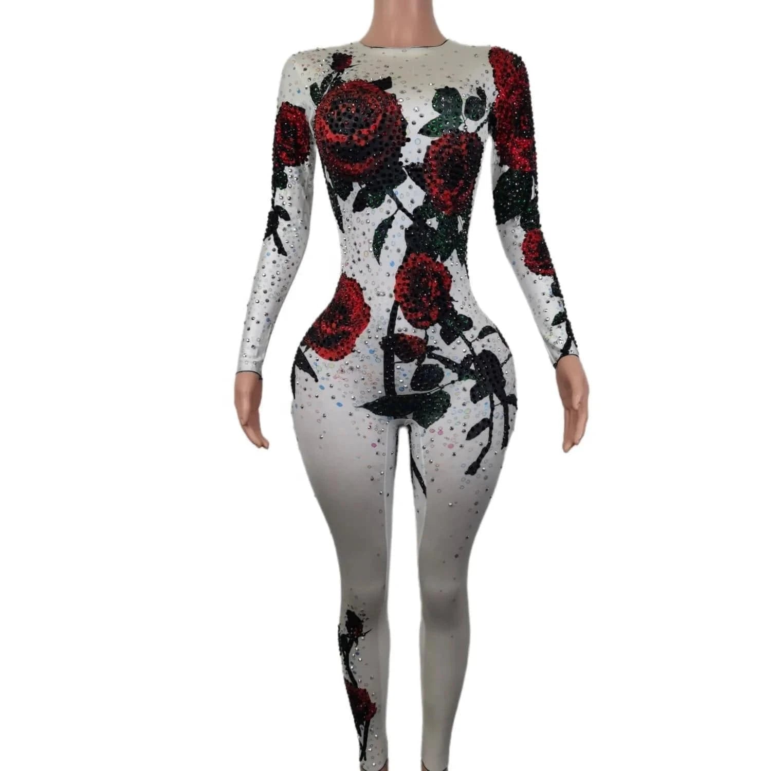 Fashion Sexy Flower Rhinestone Bodysuits Slim Fit Stage Dancer Leotard Night Club Ladies Rompers Women Party One Piece Jumpsuit