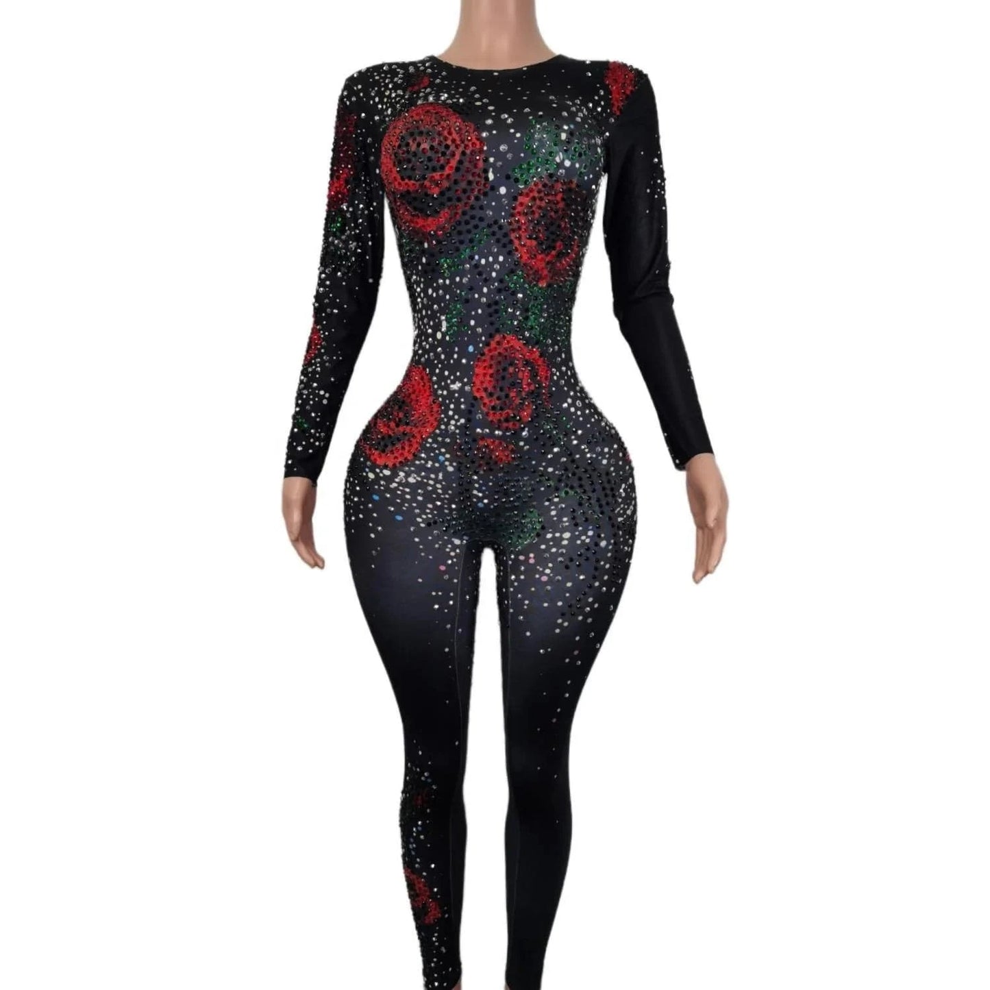 Fashion Sexy Flower Rhinestone Bodysuits Slim Fit Stage Dancer Leotard Night Club Ladies Rompers Women Party One Piece Jumpsuit