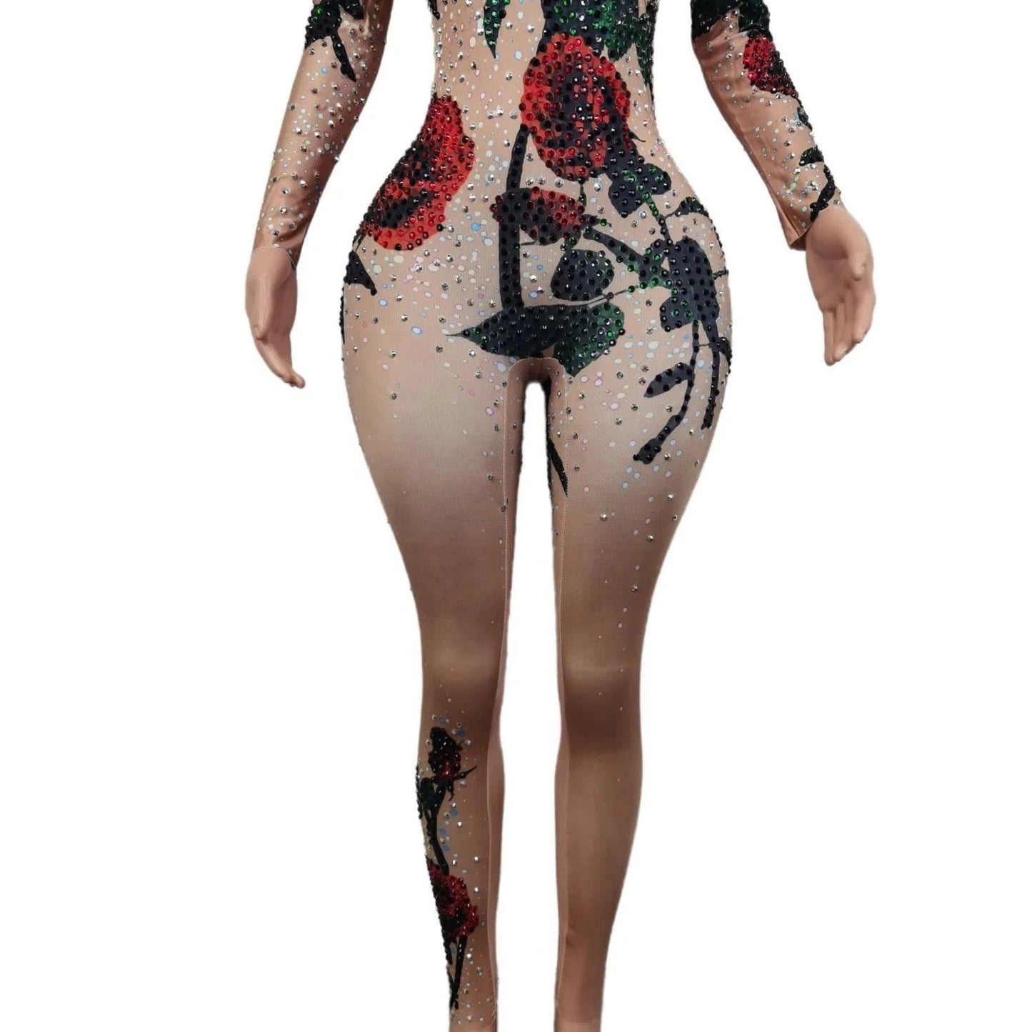 Fashion Sexy Flower Rhinestone Bodysuits Slim Fit Stage Dancer Leotard Night Club Ladies Rompers Women Party One Piece Jumpsuit