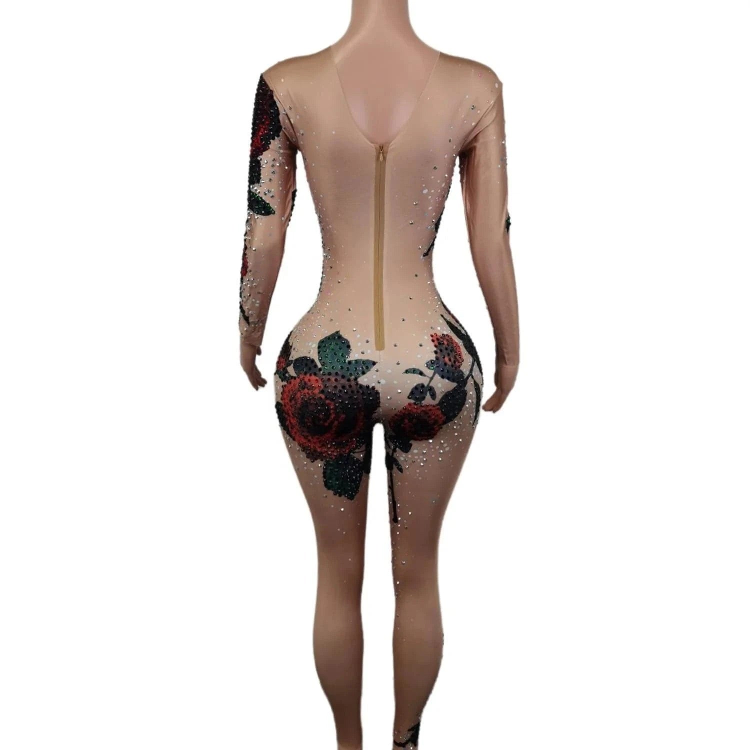 Fashion Sexy Flower Rhinestone Bodysuits Slim Fit Stage Dancer Leotard Night Club Ladies Rompers Women Party One Piece Jumpsuit