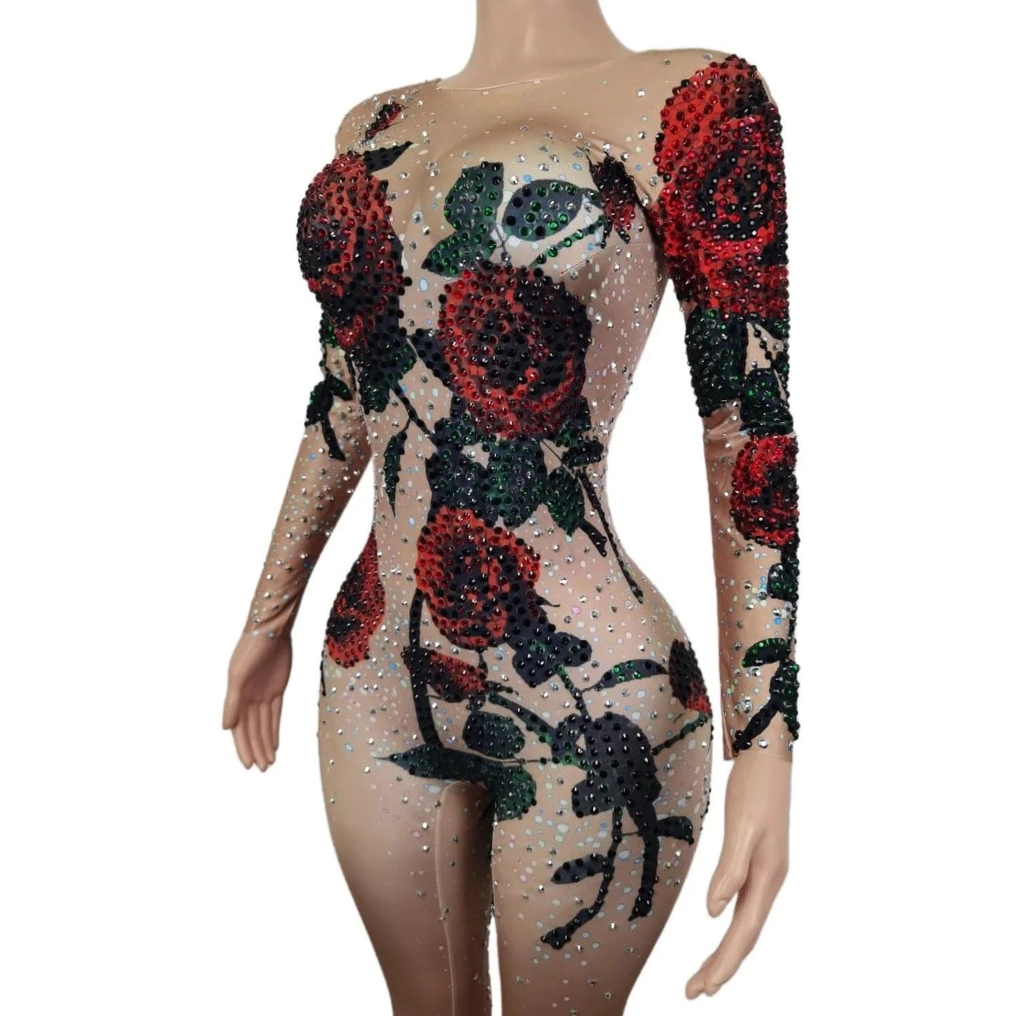 Fashion Sexy Flower Rhinestone Bodysuits Slim Fit Stage Dancer Leotard Night Club Ladies Rompers Women Party One Piece Jumpsuit