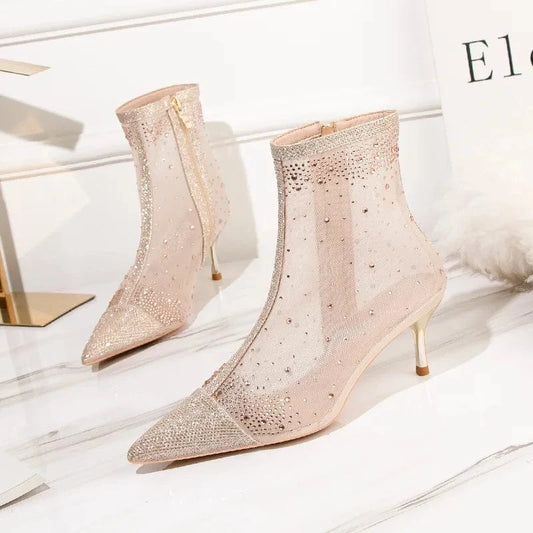 Fashion sexy women's boots stiletto high heels women's shoes rhinestone pointed toe fashion boots mesh all-match short boots